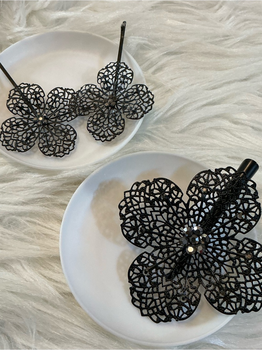 Three vintage 90s black floral rhinestone hairpins